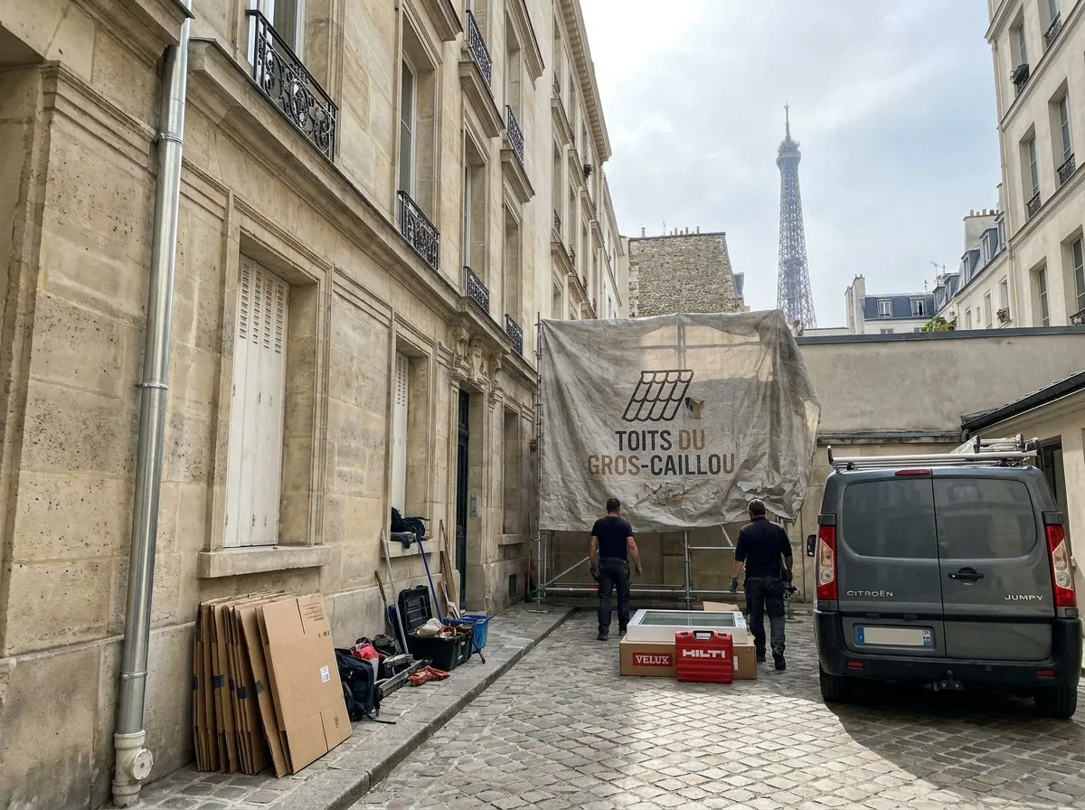 Échafaudage avec la bâche des Toits du Gros-Caillou dans une rue pavée du 7e arrondissement de Paris, tour Eiffel en arrière-plan, couvreurs au travail