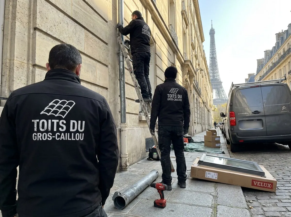 Couvreurs des Toits du Gros-Caillou reprenant une descente d'eau pluviale sur un immeuble en pierre de taille du 7e arrondissement de Paris, tour Eiffel au bout de la rue